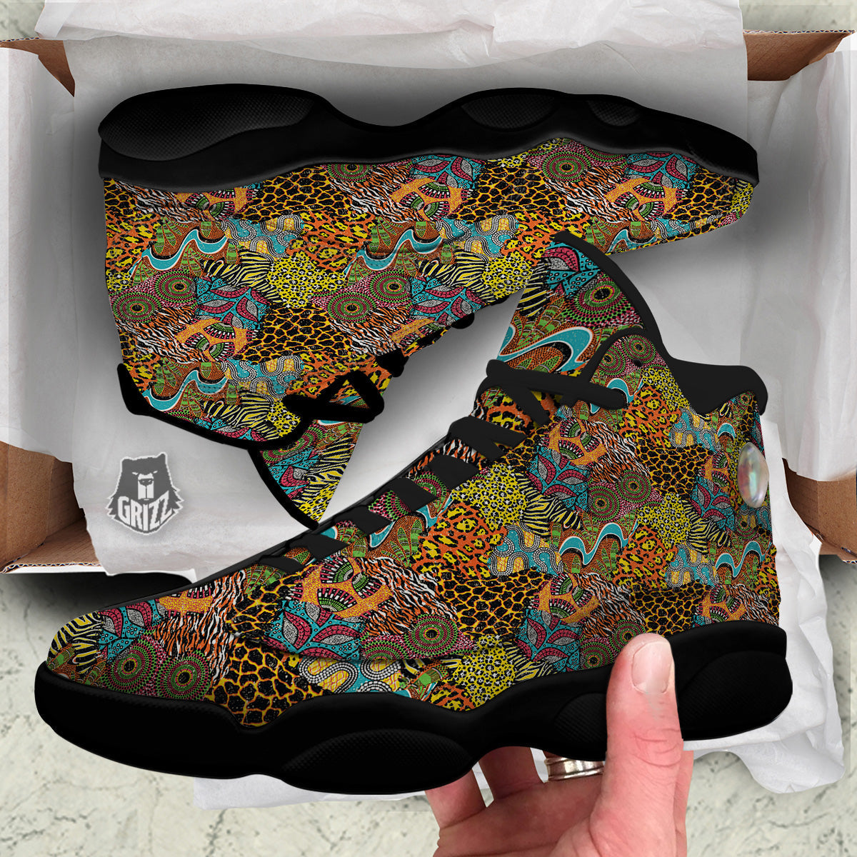 Traditional African And Wild Animal Skins Print Pattern Black Basketball Shoes-grizzshop