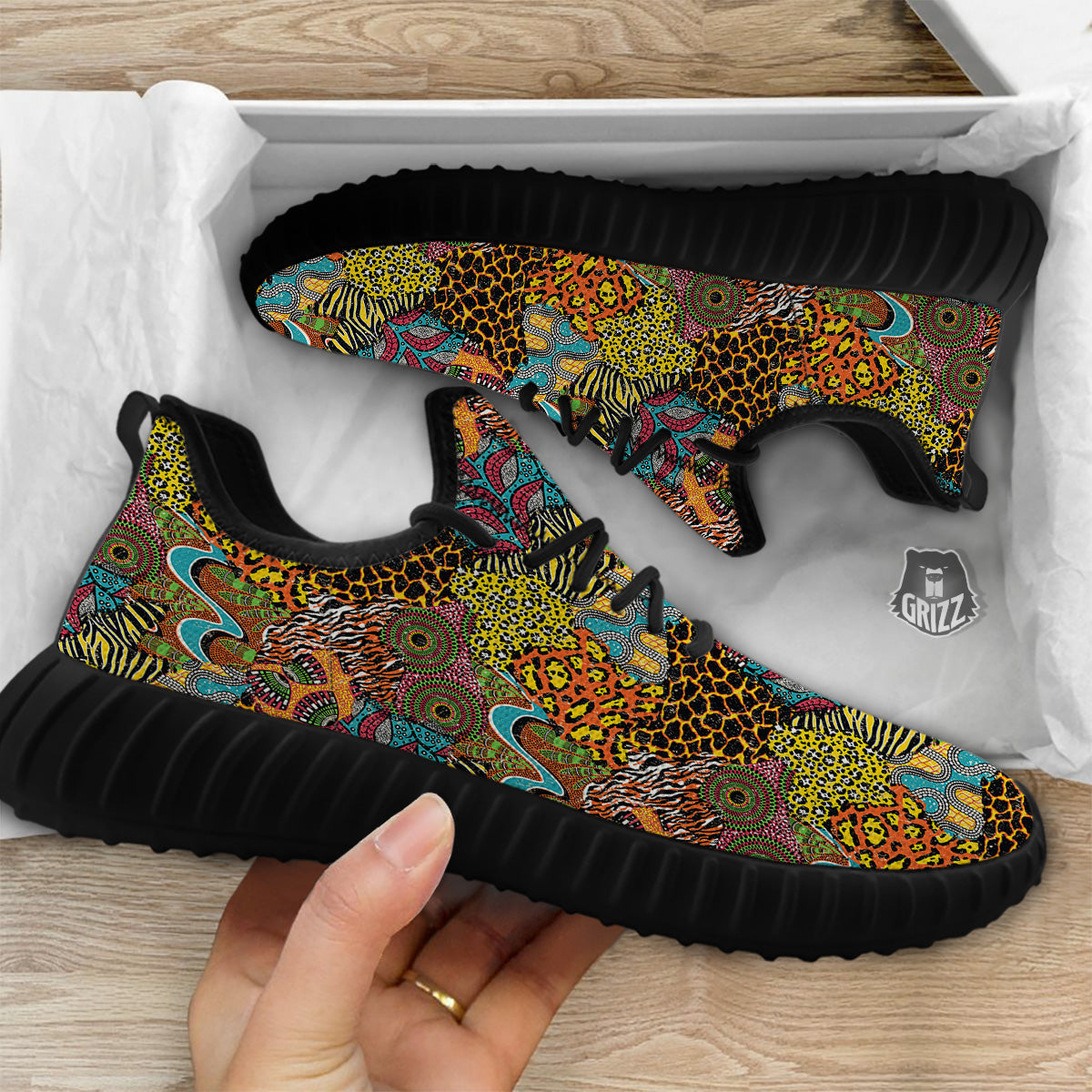 Traditional African And Wild Animal Skins Print Pattern Black Walking Shoes-grizzshop