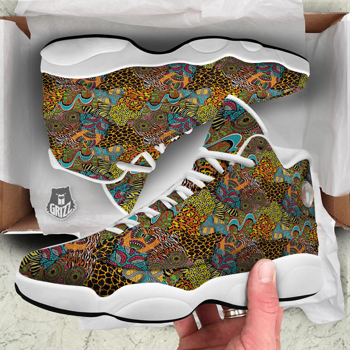 Traditional African And Wild Animal Skins Print Pattern White Basketball Shoes-grizzshop
