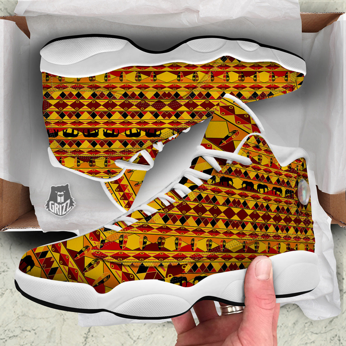 Traditional African Ethnic Print Pattern White Basketball Shoes-grizzshop