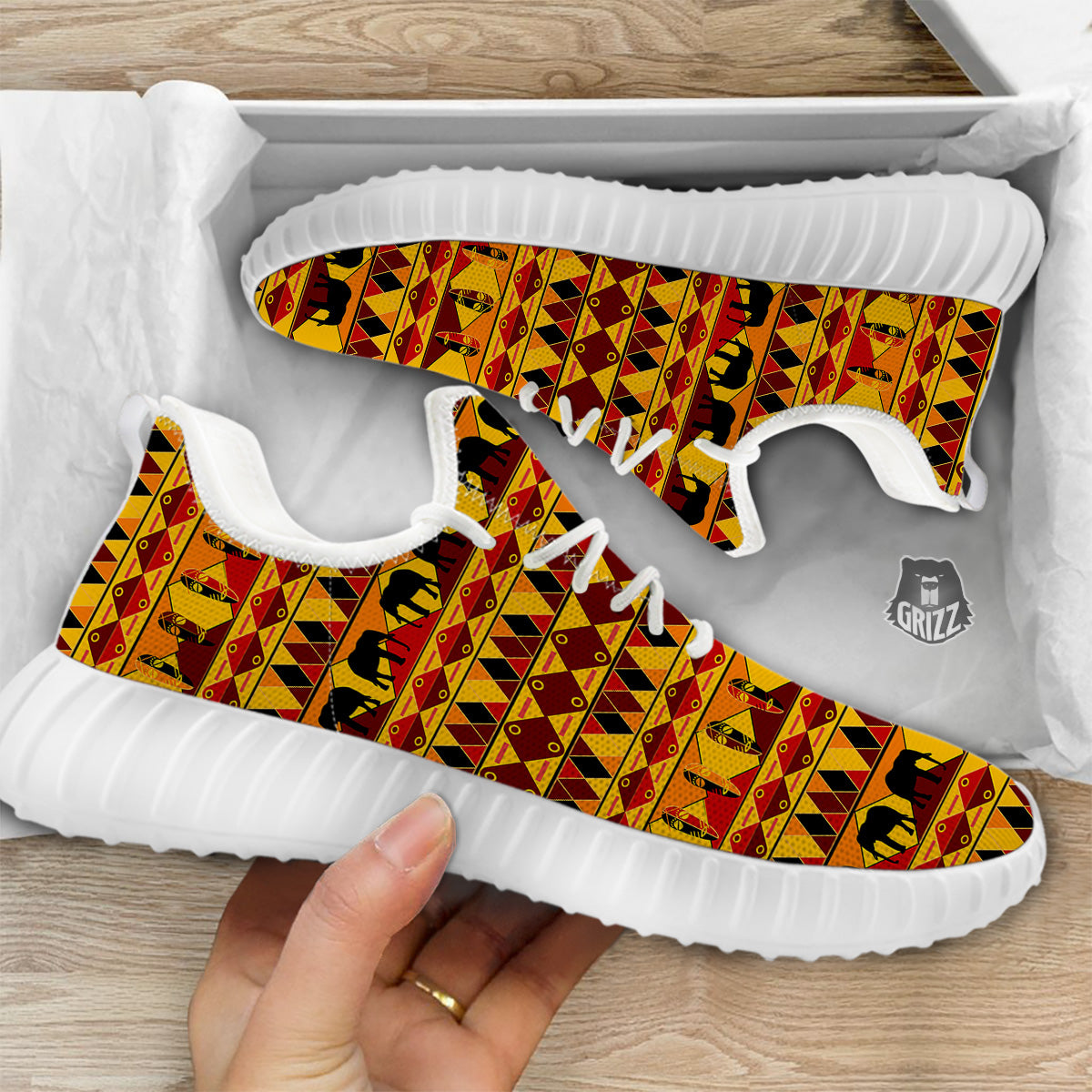 Traditional African Ethnic Print Pattern White Walking Shoes-grizzshop