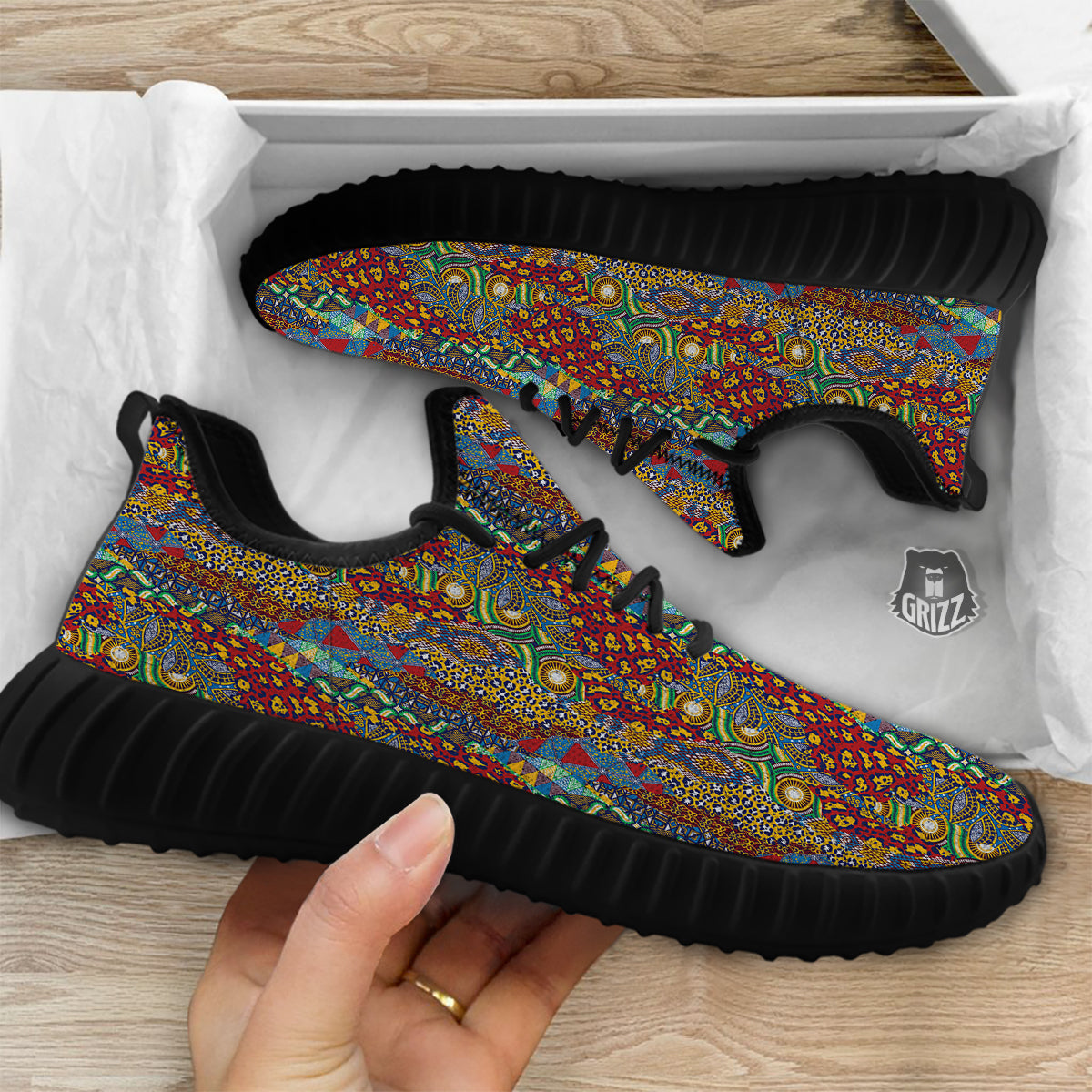 Traditional African Patchwork Animal Skins Print Pattern Black Walking Shoes-grizzshop