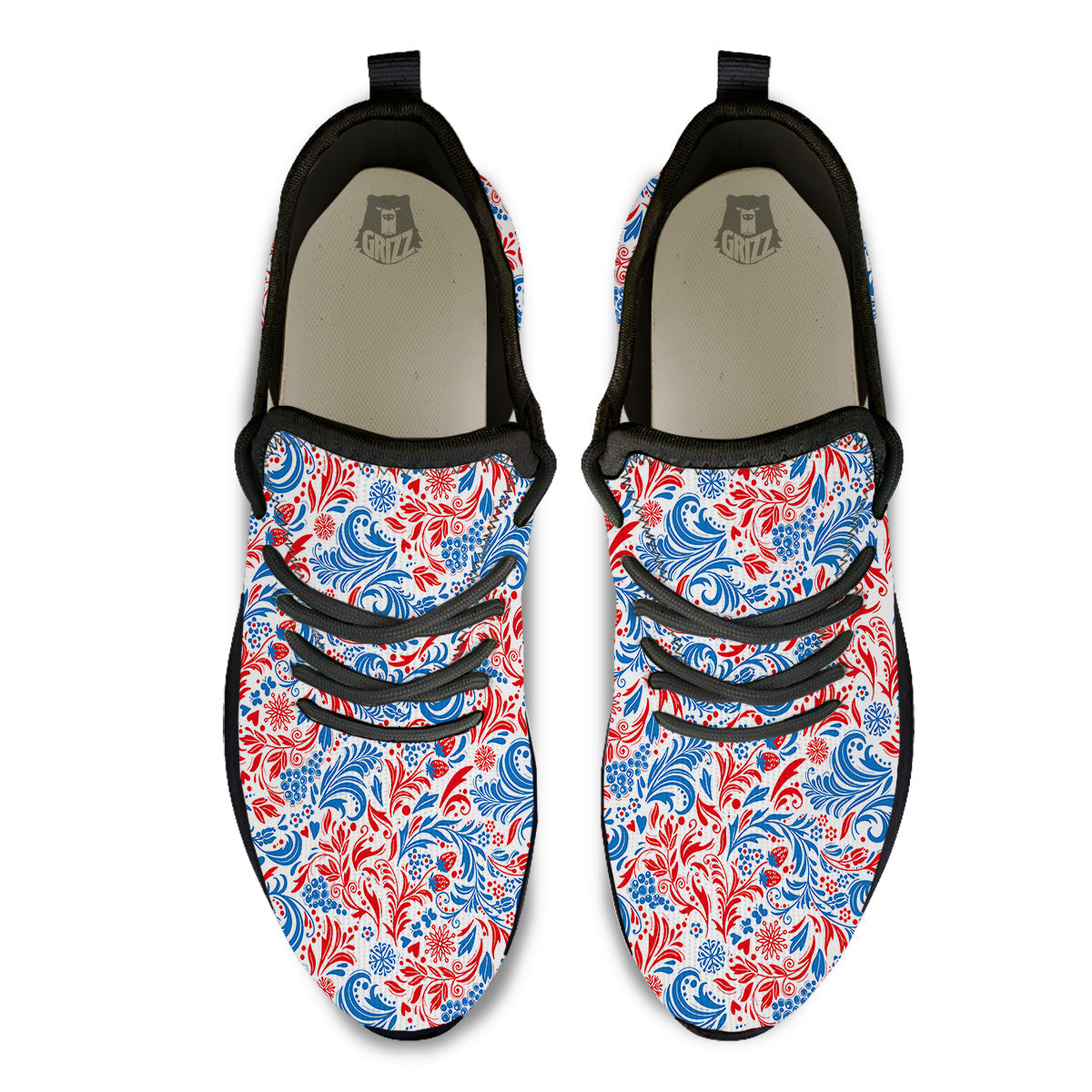 Traditional Khokhloma Red And Blue Print Pattern Black Athletic Shoes-grizzshop