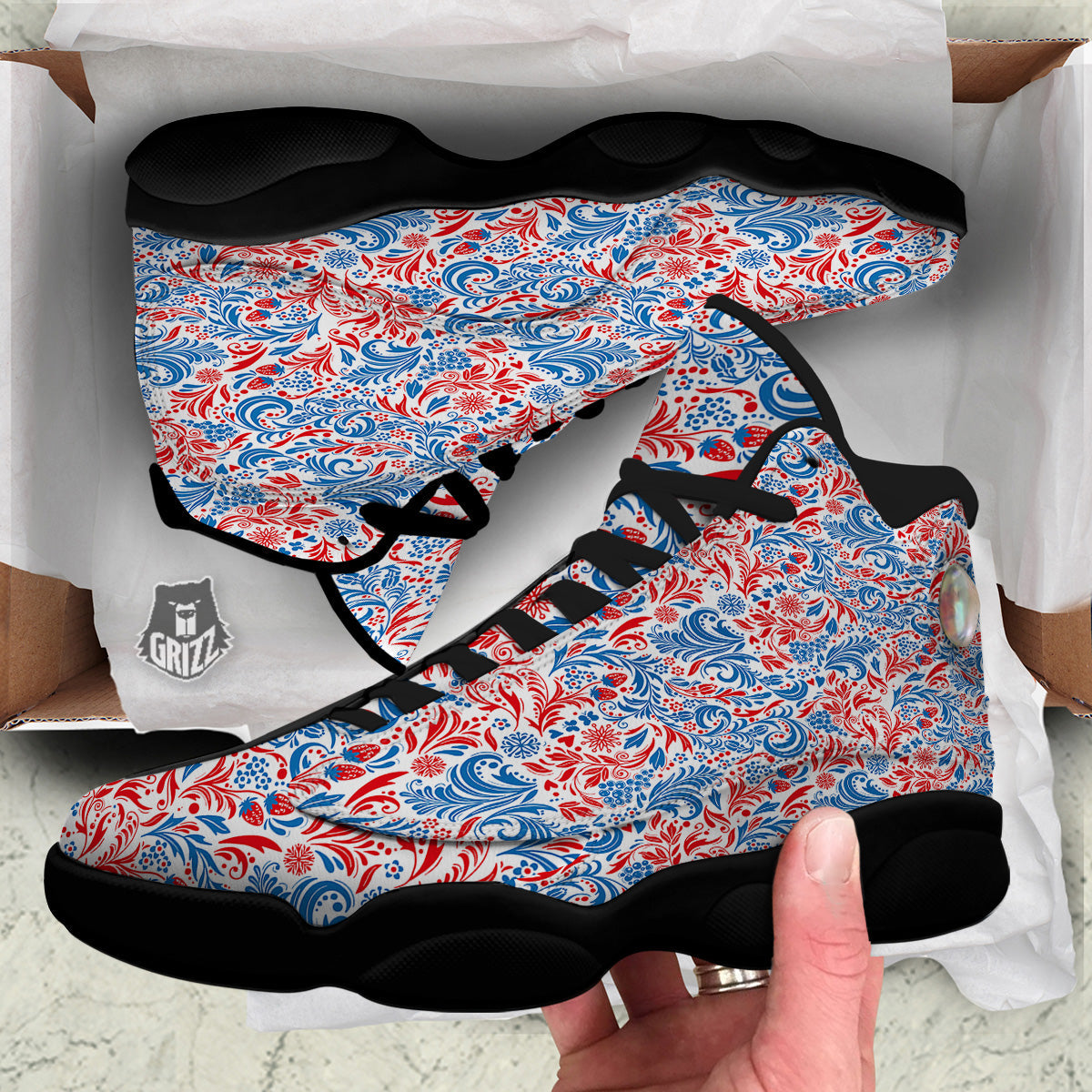 Traditional Khokhloma Red And Blue Print Pattern Black Basketball Shoes-grizzshop