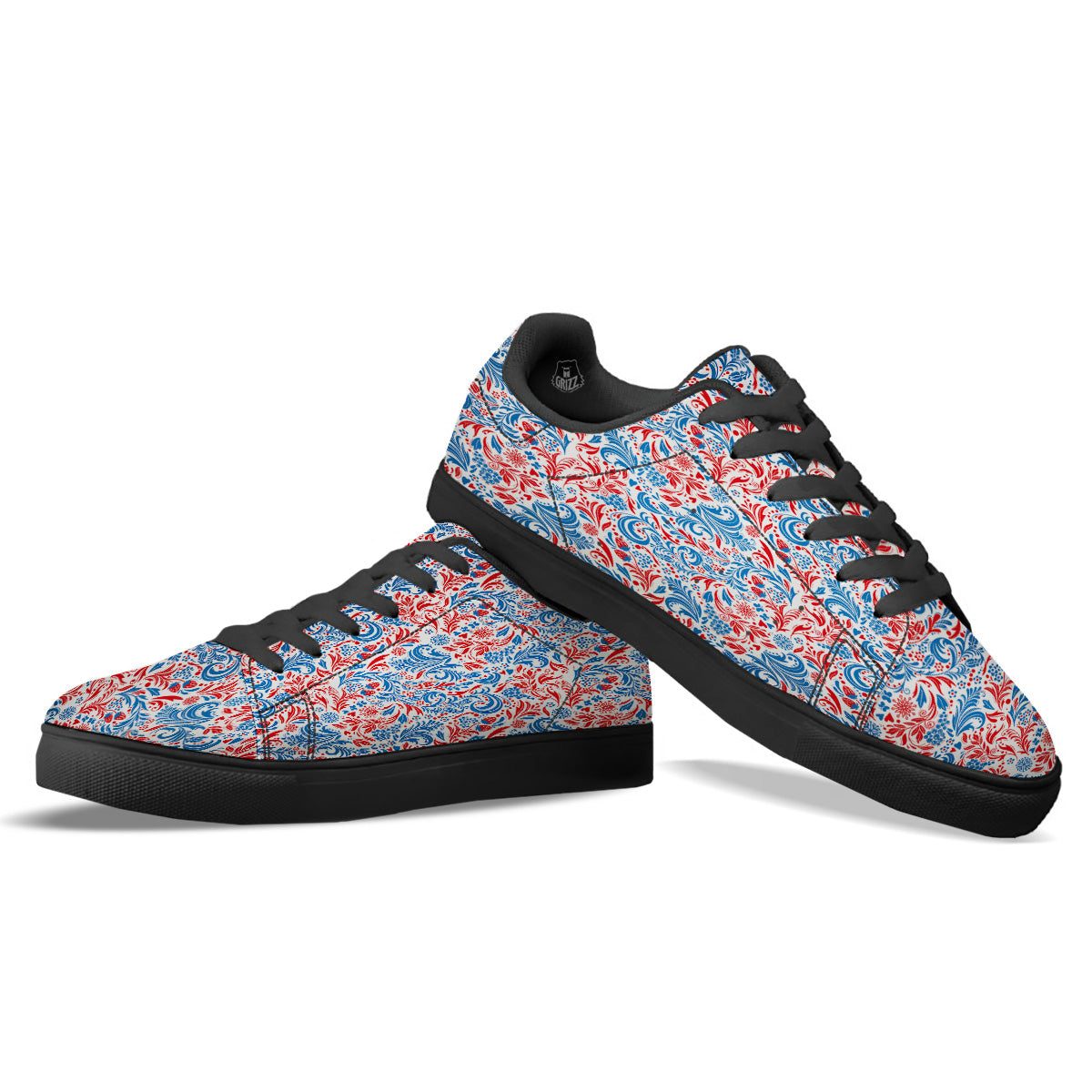 Traditional Khokhloma Red And Blue Print Pattern Black Low Top Sneakers-grizzshop