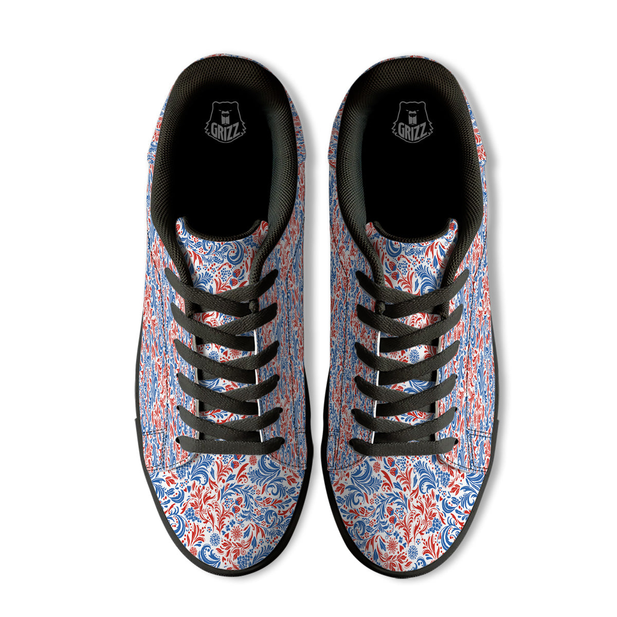 Traditional Khokhloma Red And Blue Print Pattern Black Low Top Sneakers-grizzshop