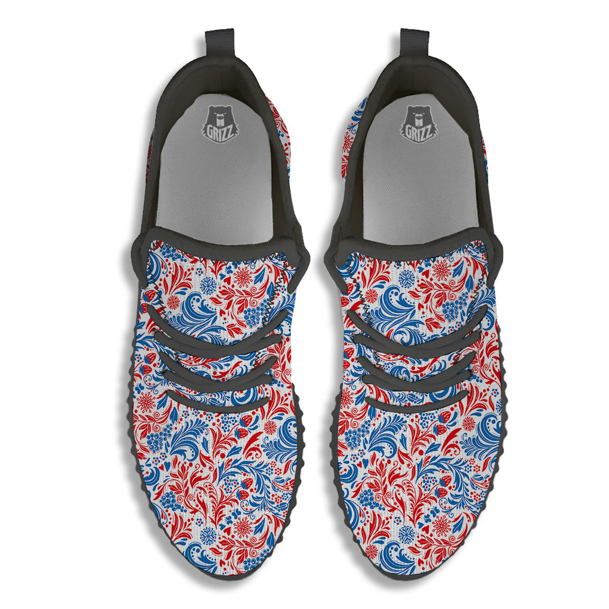 Traditional Khokhloma Red And Blue Print Pattern Black Walking Shoes-grizzshop