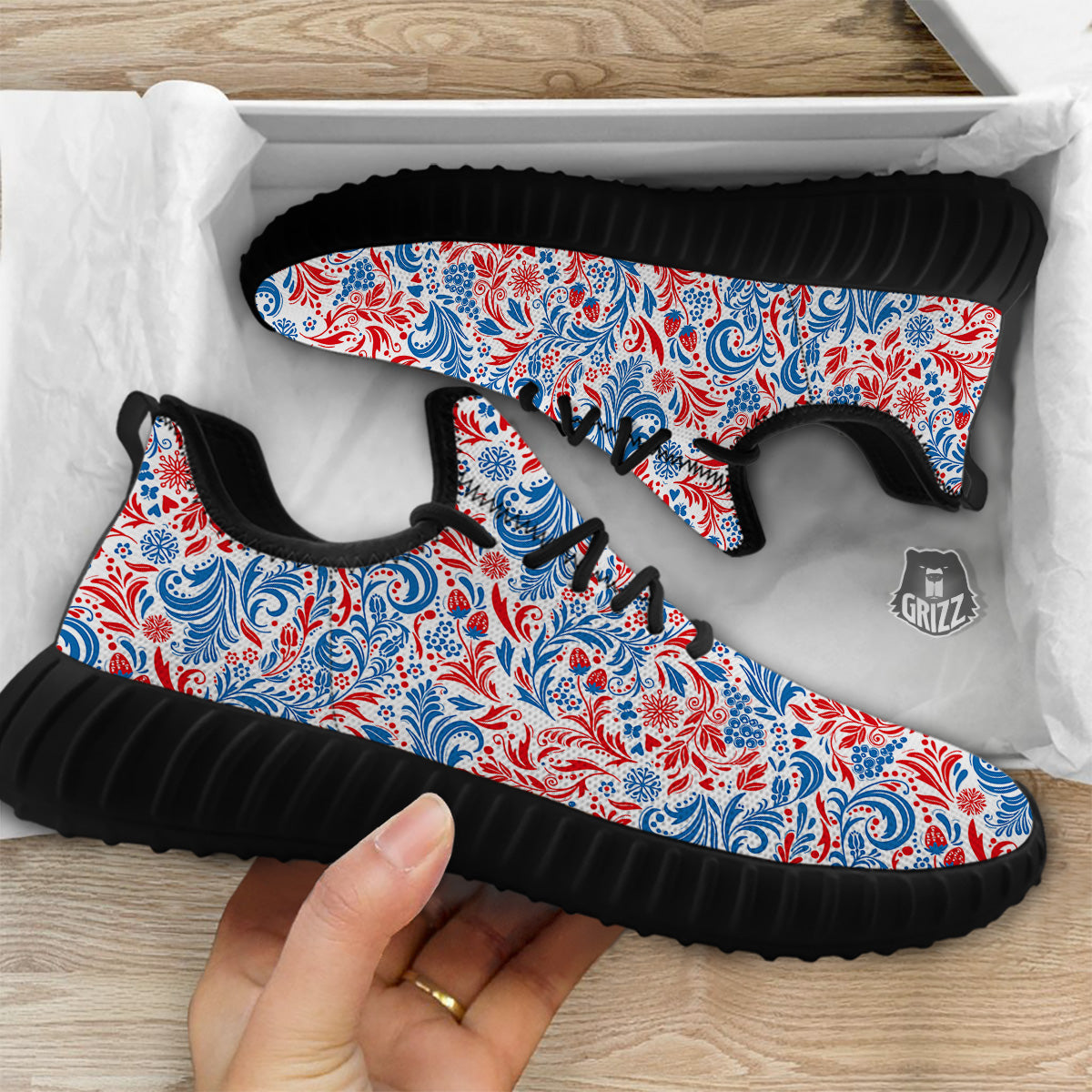 Traditional Khokhloma Red And Blue Print Pattern Black Walking Shoes-grizzshop