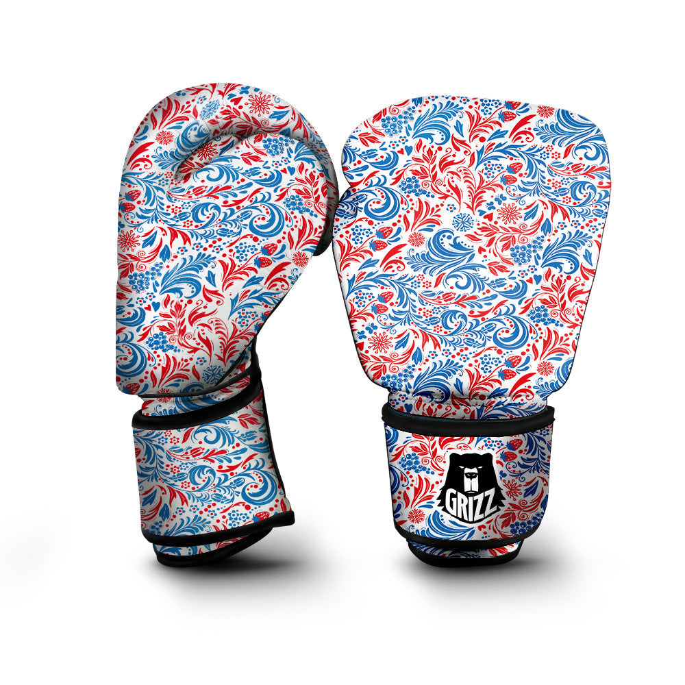 Traditional Khokhloma Red And Blue Print Pattern Boxing Gloves-grizzshop