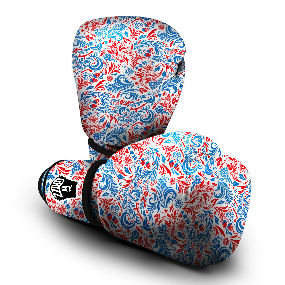Traditional Khokhloma Red And Blue Print Pattern Boxing Gloves-grizzshop