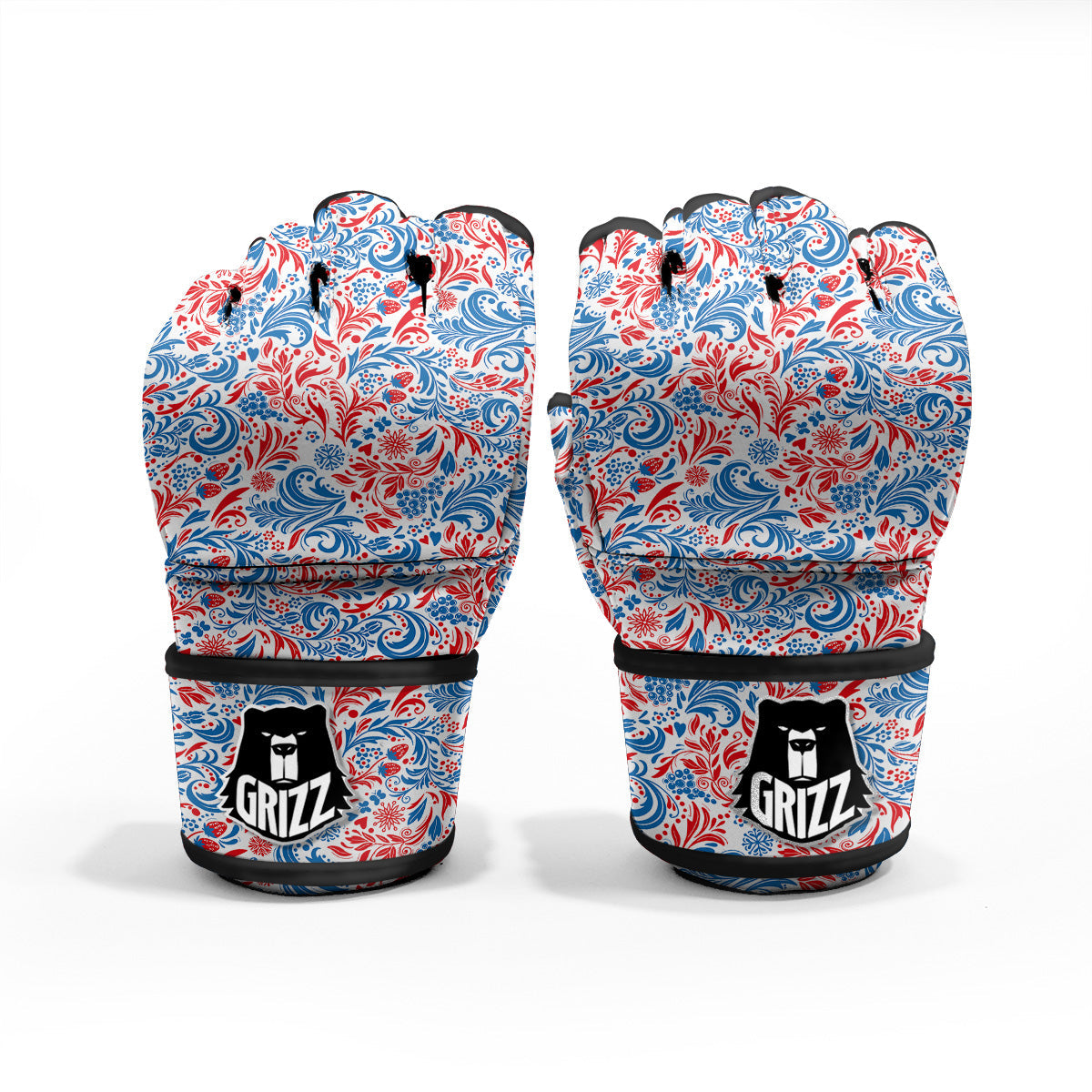 Traditional Khokhloma Red And Blue Print Pattern MMA Gloves-grizzshop