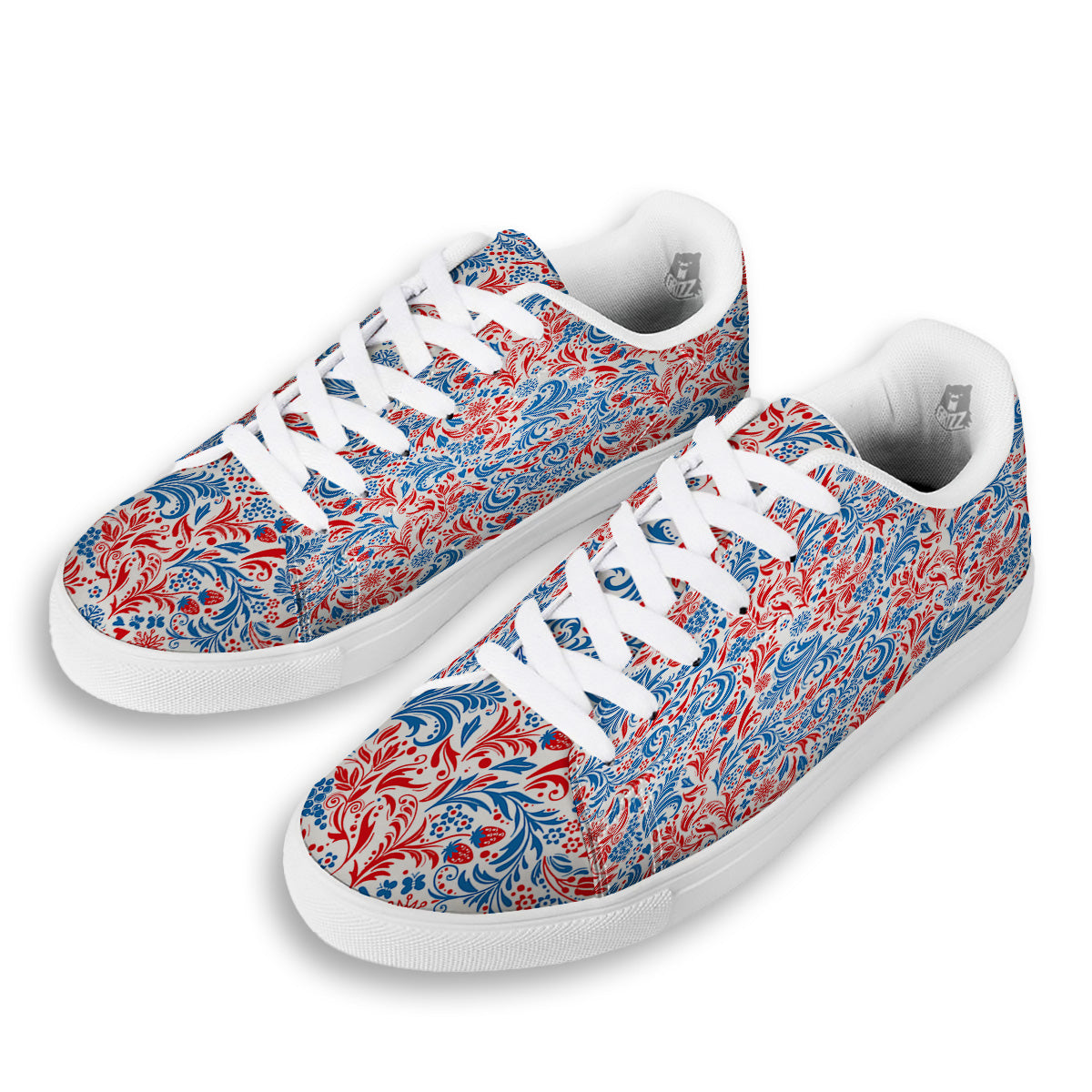 Traditional Khokhloma Red And Blue Print Pattern White Low Top Sneakers-grizzshop