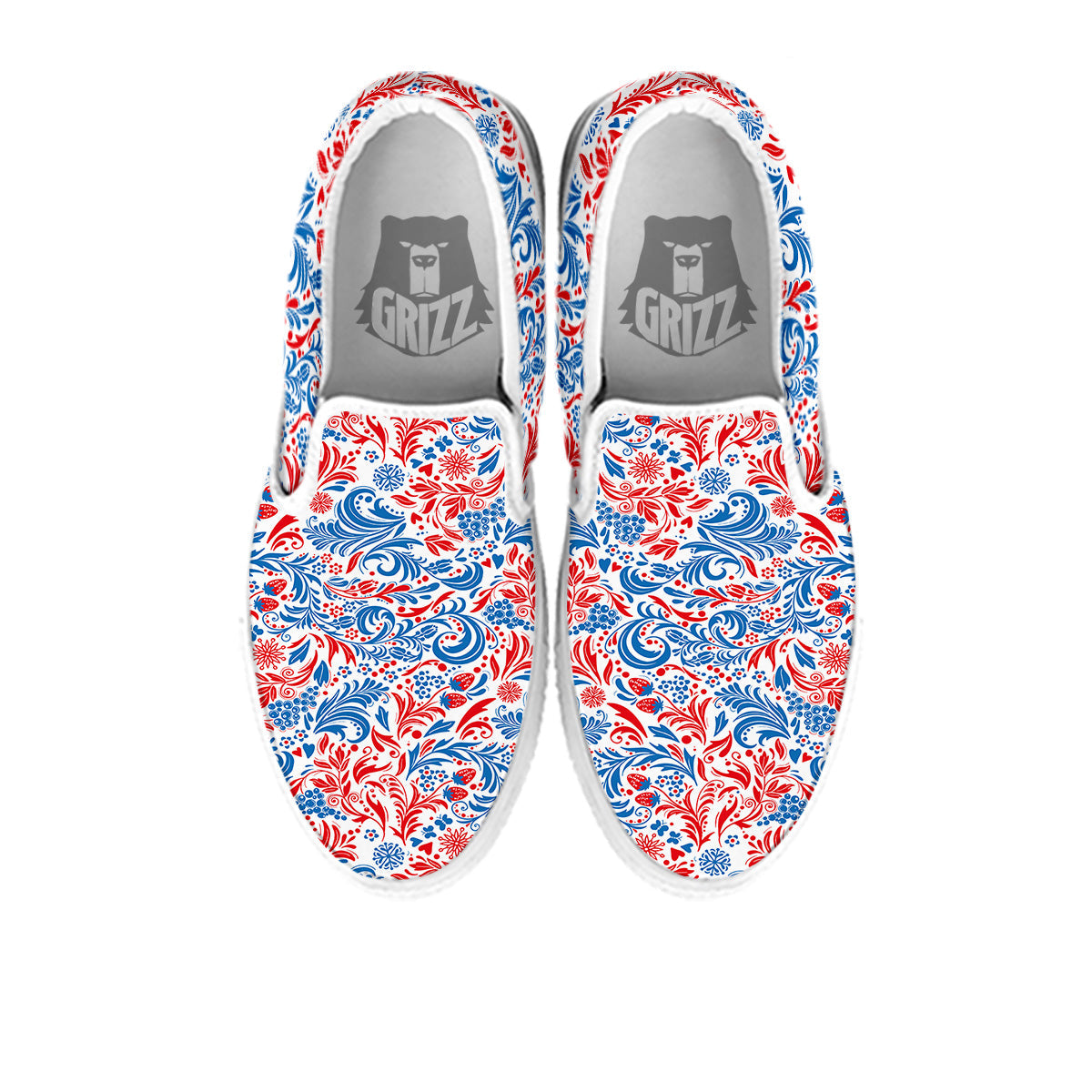 Traditional Khokhloma Red And Blue Print Pattern White Slip On Shoes-grizzshop