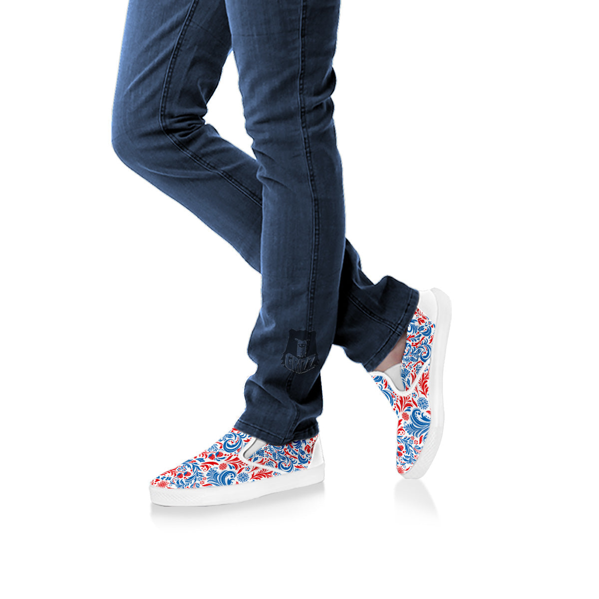 Traditional Khokhloma Red And Blue Print Pattern White Slip On Shoes-grizzshop