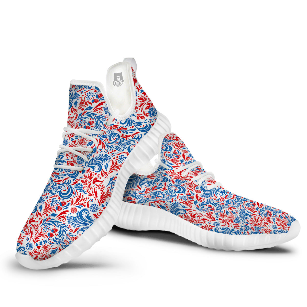 Traditional Khokhloma Red And Blue Print Pattern White Walking Shoes-grizzshop