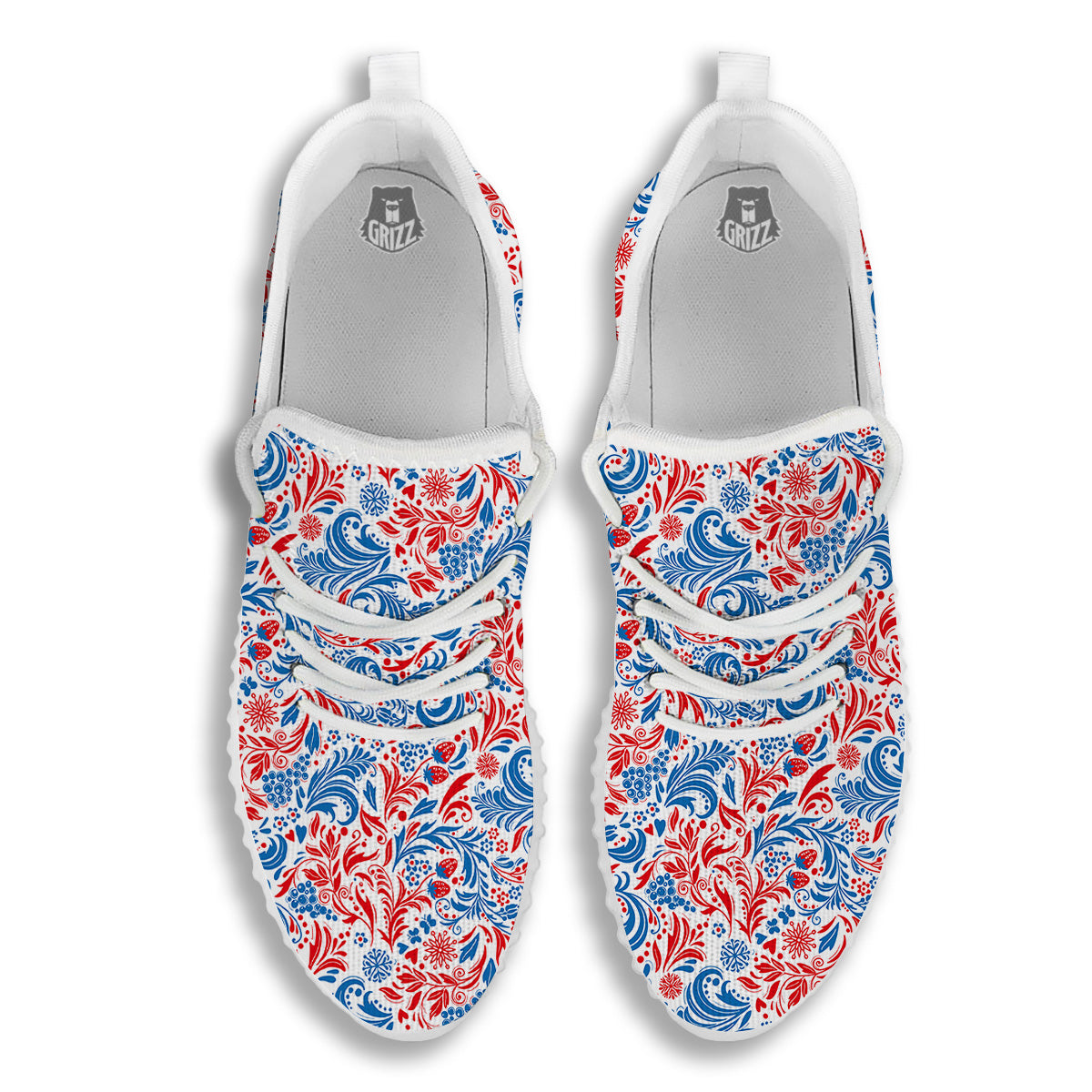Traditional Khokhloma Red And Blue Print Pattern White Walking Shoes-grizzshop