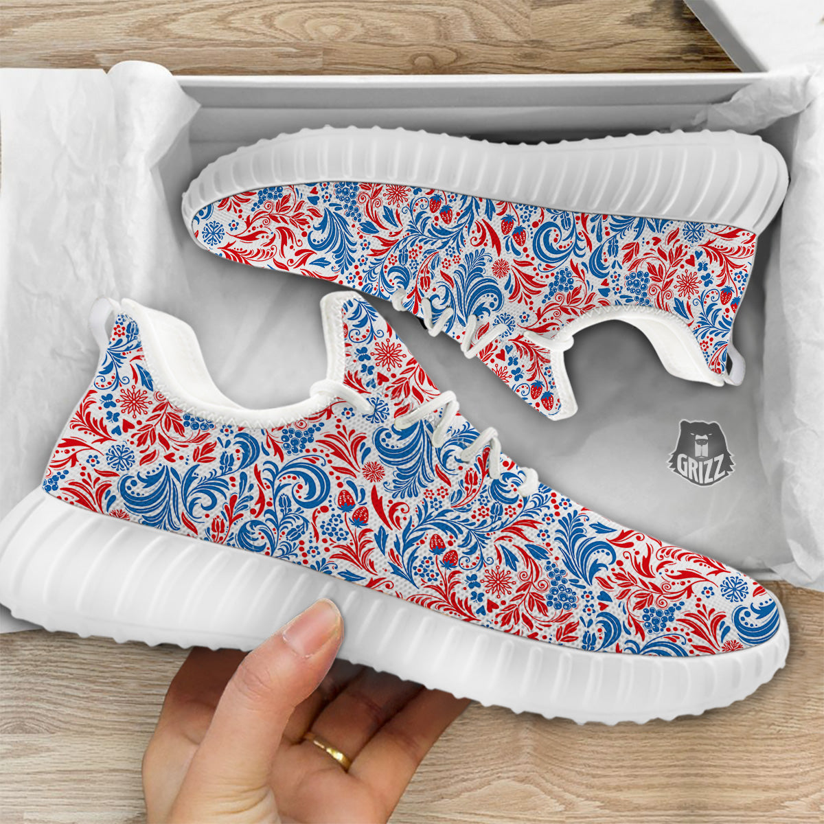 Traditional Khokhloma Red And Blue Print Pattern White Walking Shoes-grizzshop