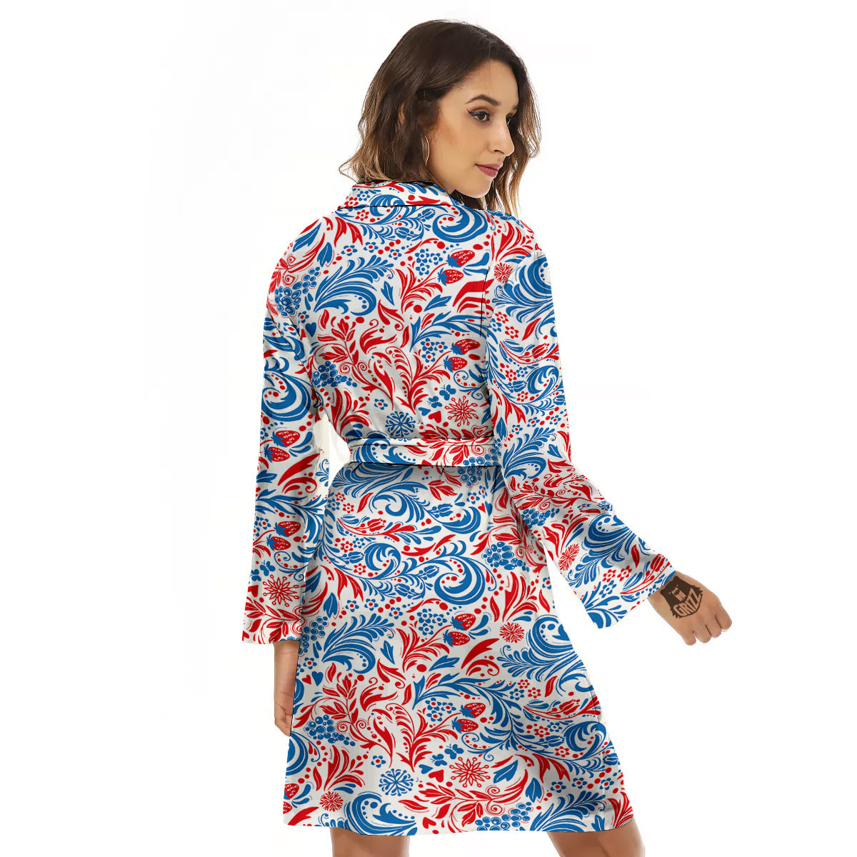 Traditional Khokhloma Red And Blue Print Pattern Women's Robe-grizzshop