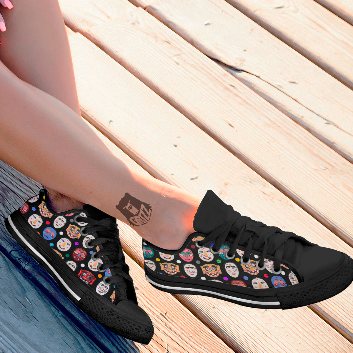 Traditional Korean Masks Print Pattern Black Low Top Shoes-grizzshop