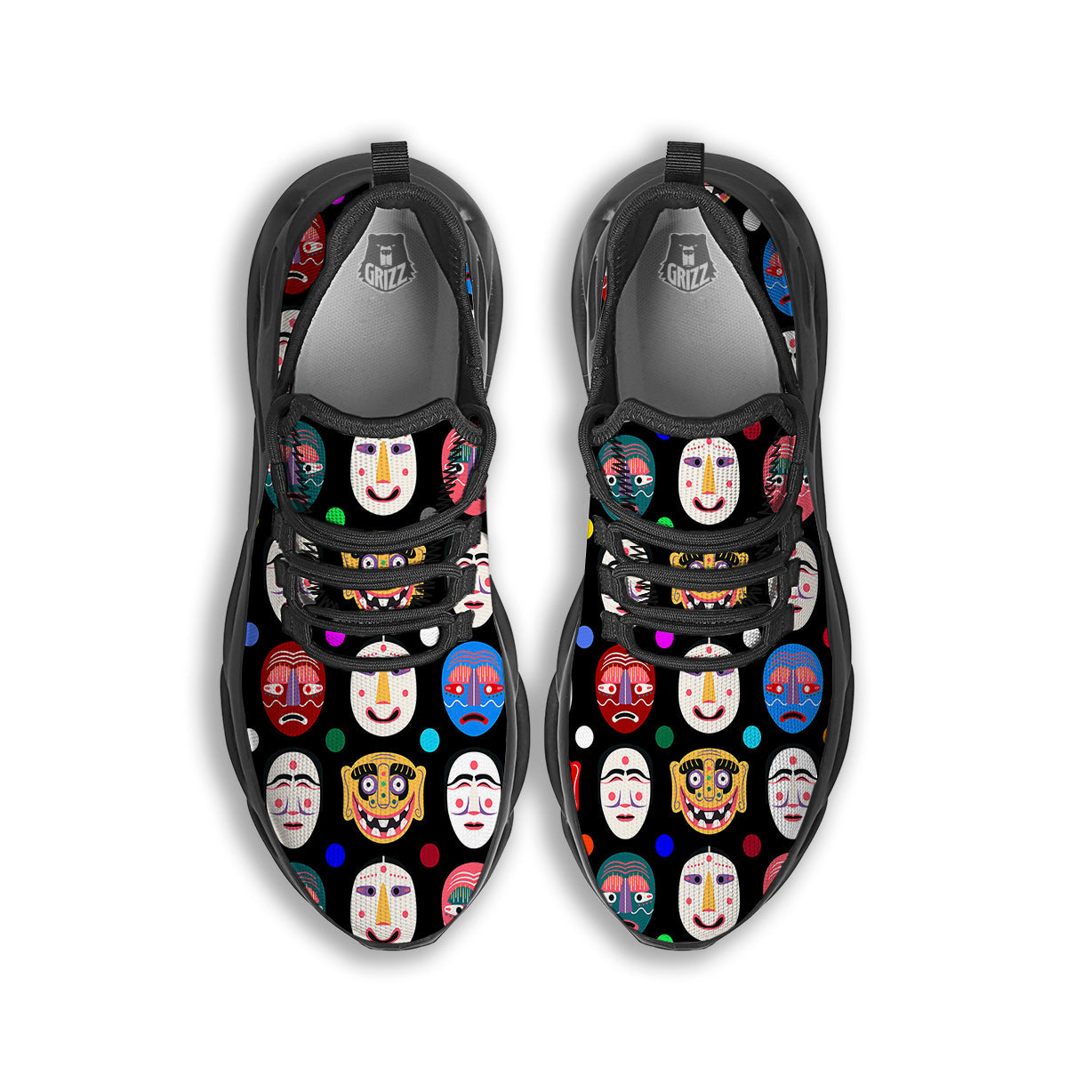 Traditional Korean Masks Print Pattern Black Running Shoes-grizzshop