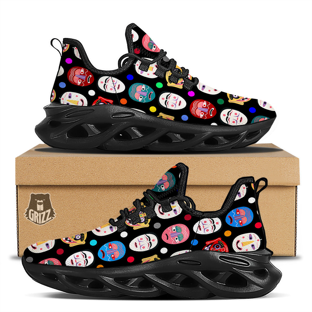 Traditional Korean Masks Print Pattern Black Running Shoes-grizzshop