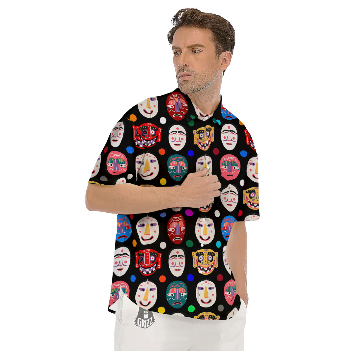 Traditional Korean Masks Print Pattern Men's Short Sleeve Shirts-grizzshop