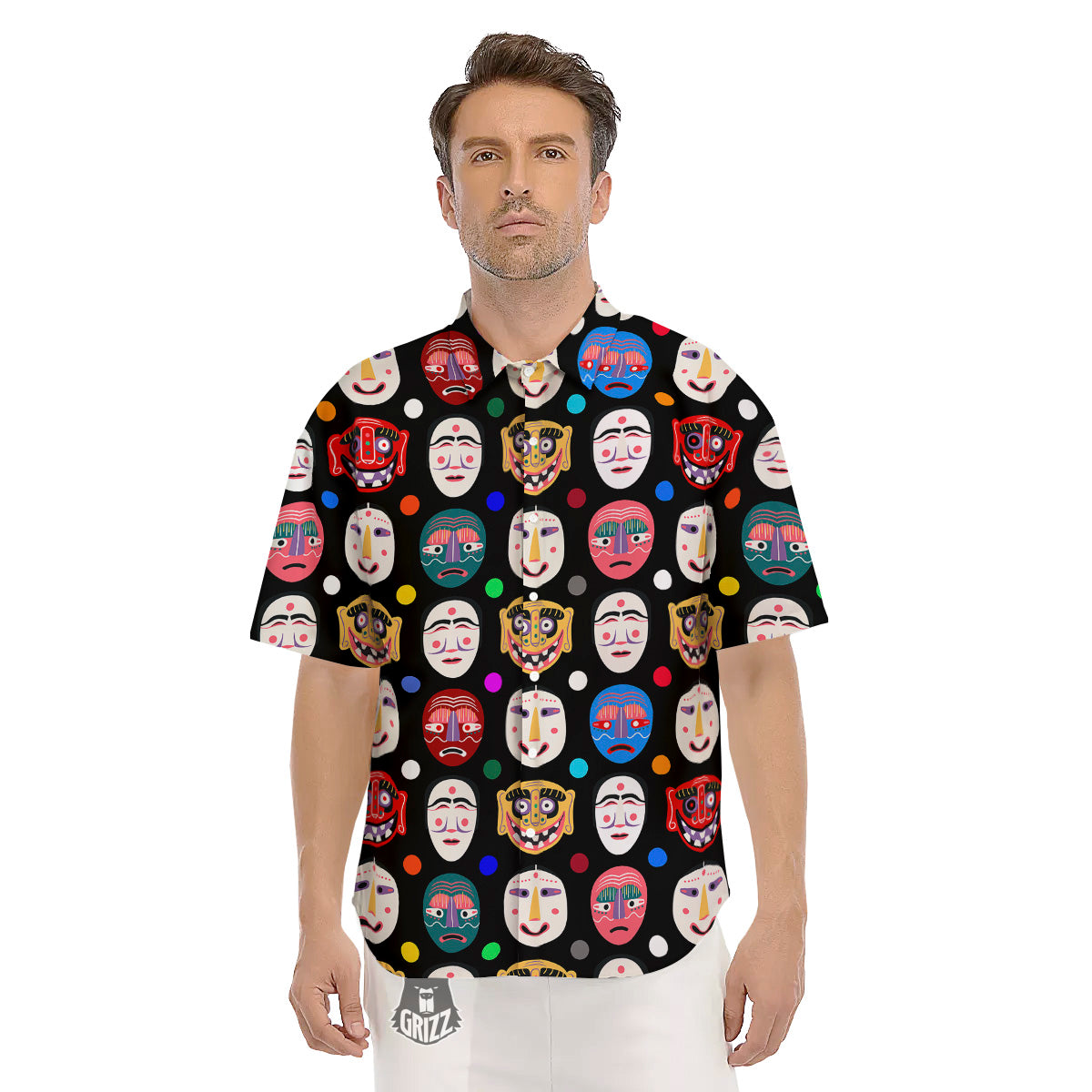 Traditional Korean Masks Print Pattern Men's Short Sleeve Shirts-grizzshop