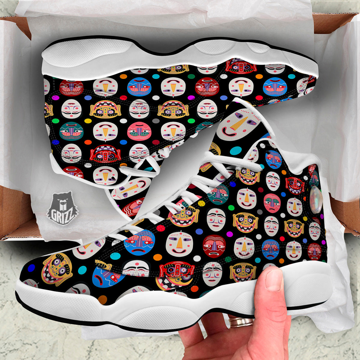 Traditional Korean Masks Print Pattern White Basketball Shoes-grizzshop