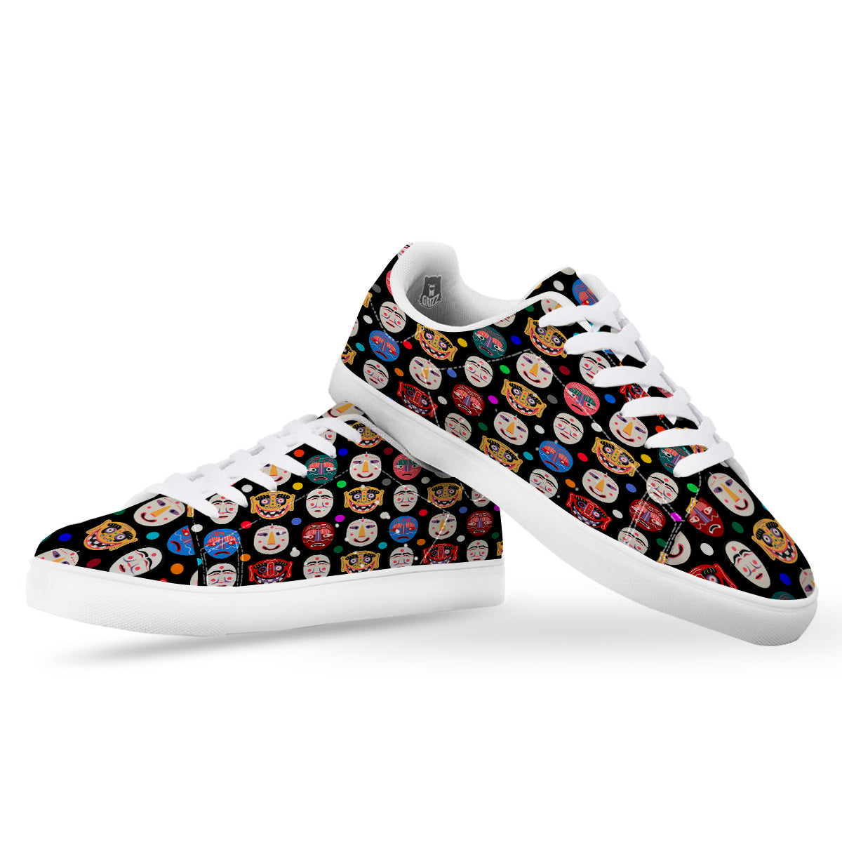 Traditional Korean Masks Print Pattern White Low Top Sneakers-grizzshop