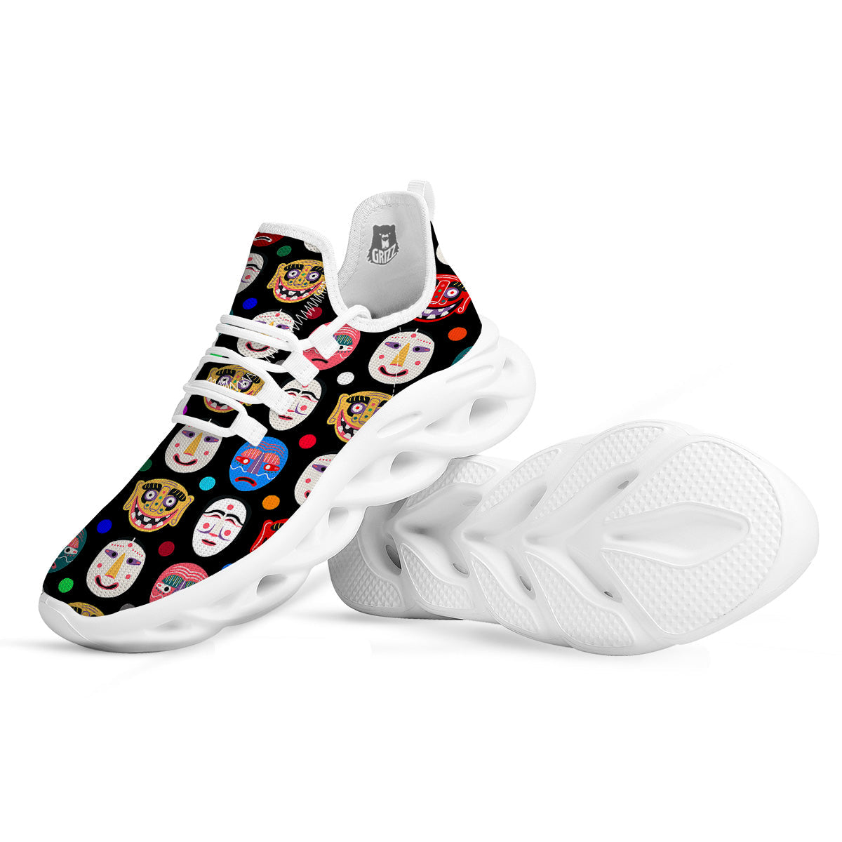 Traditional Korean Masks Print Pattern White Running Shoes-grizzshop