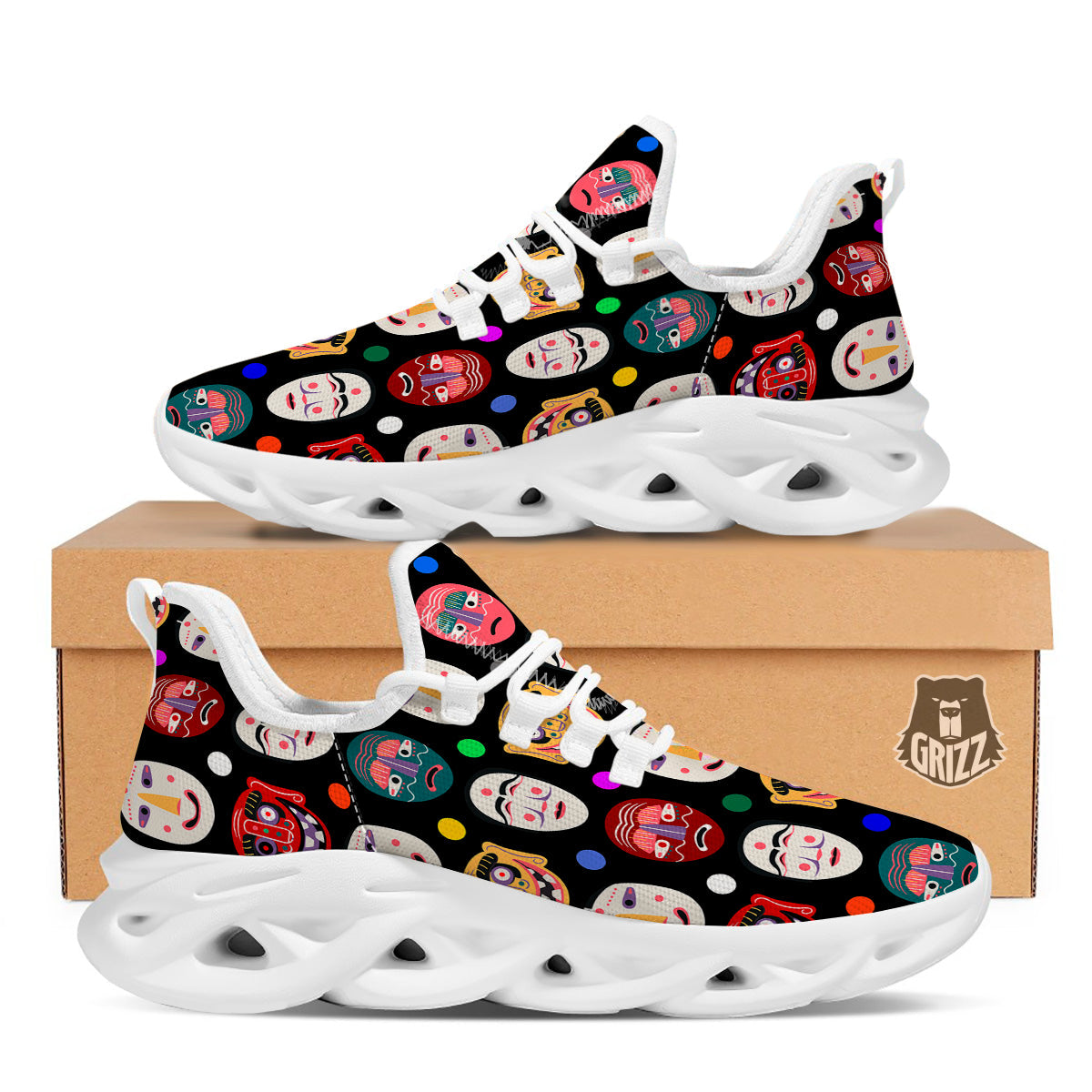 Traditional Korean Masks Print Pattern White Running Shoes-grizzshop