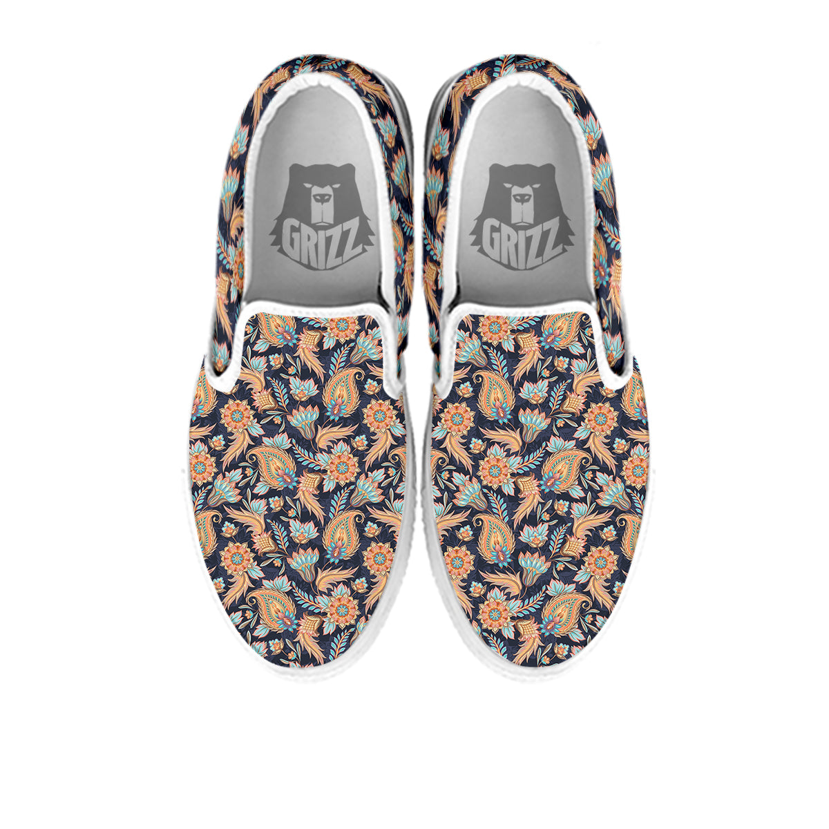 Traditional Oriental Paisley Print Pattern White Slip On Shoes-grizzshop