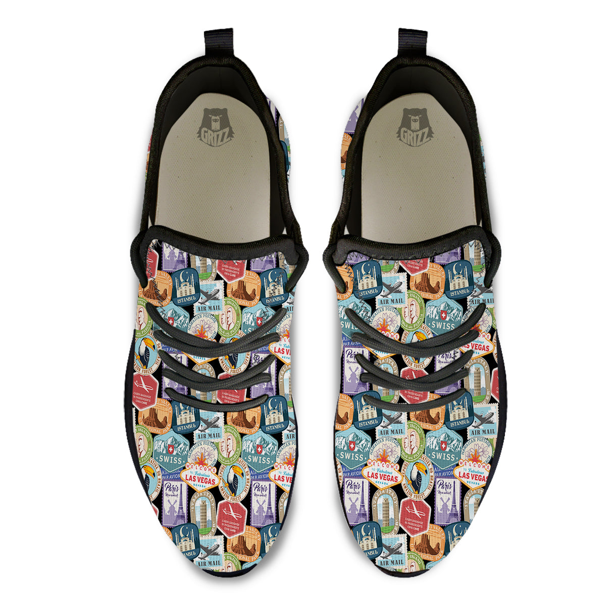 Travel Destinations Print Pattern Black Athletic Shoes-grizzshop