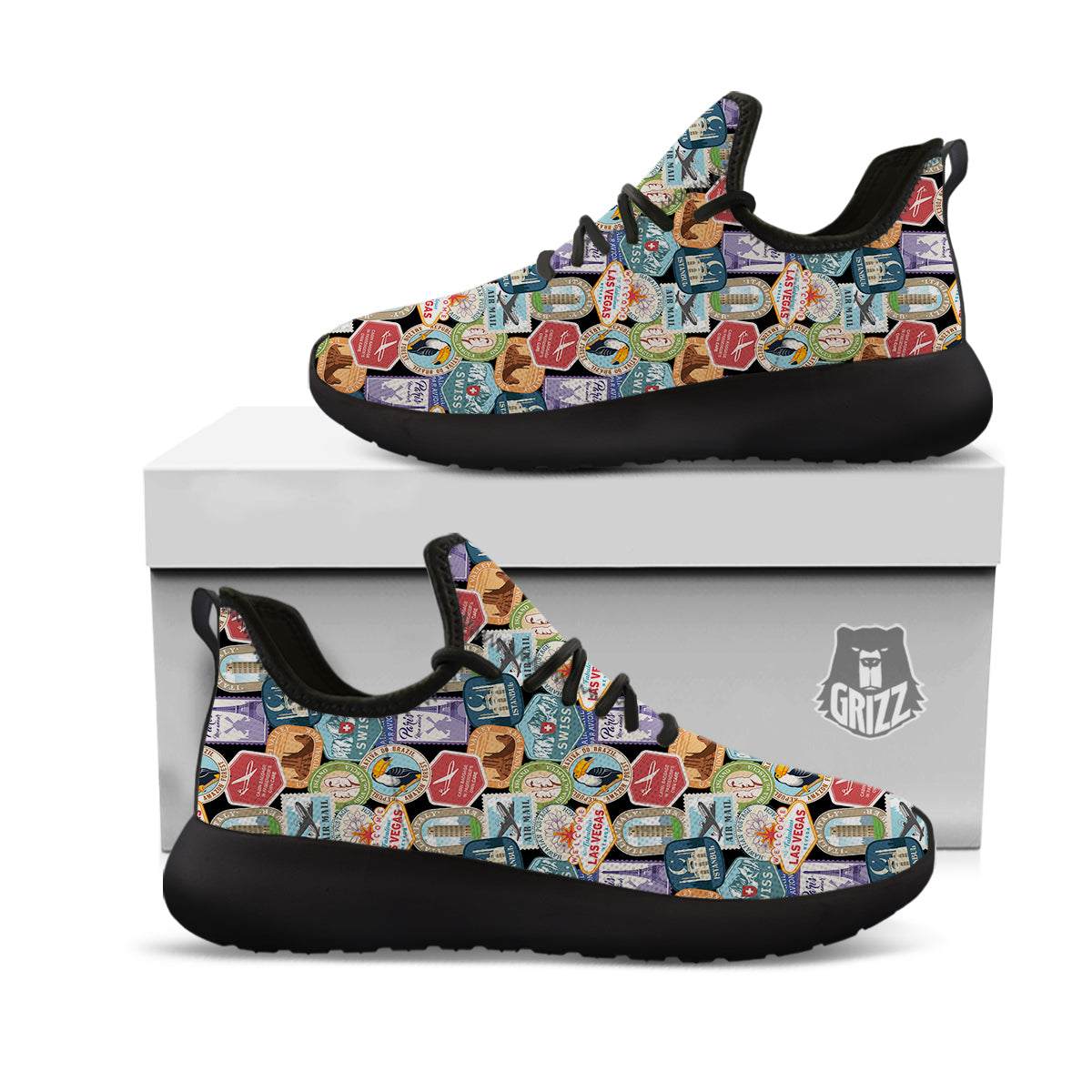 Travel Destinations Print Pattern Black Athletic Shoes-grizzshop