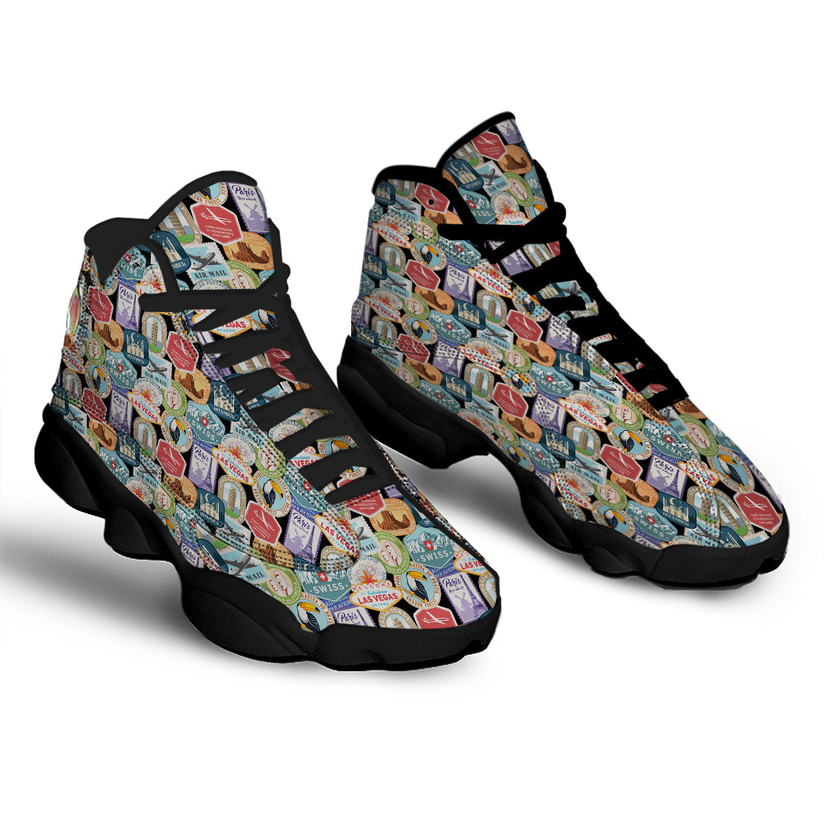 Travel Destinations Print Pattern Black Basketball Shoes-grizzshop