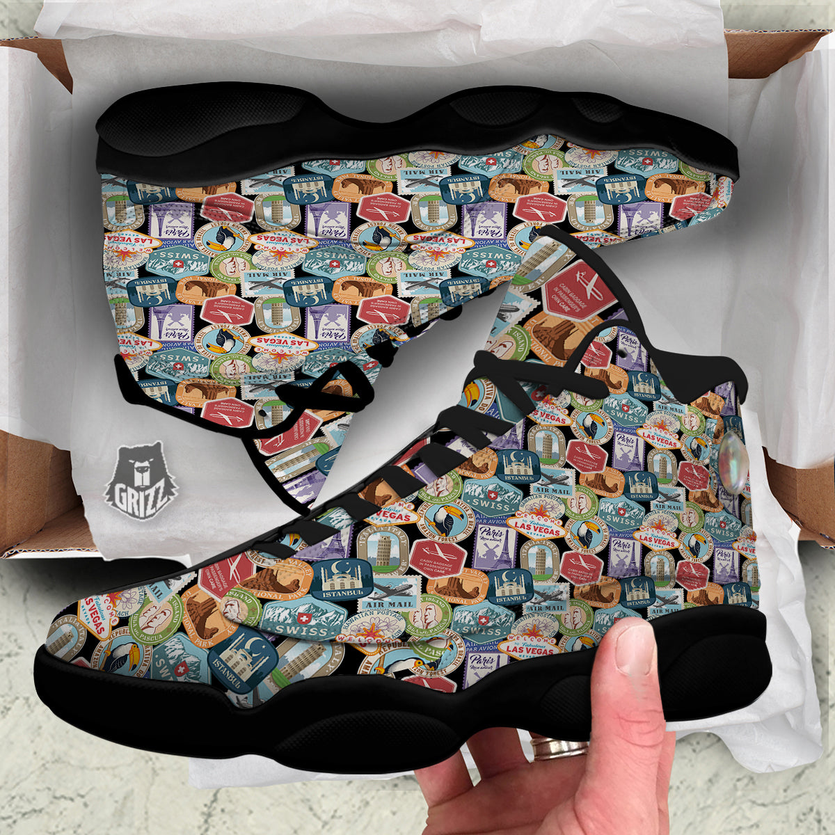 Travel Destinations Print Pattern Black Basketball Shoes-grizzshop
