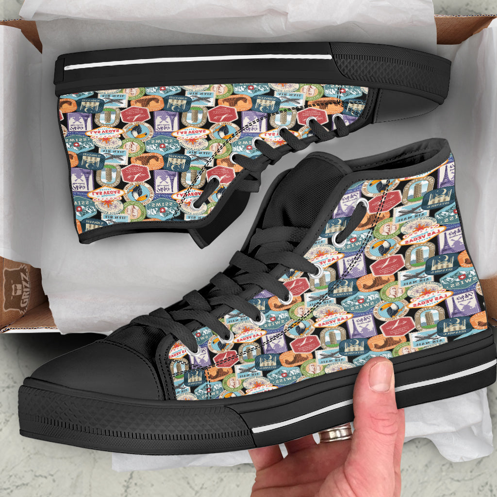 Travel Destinations Print Pattern Black High Top Shoes-grizzshop
