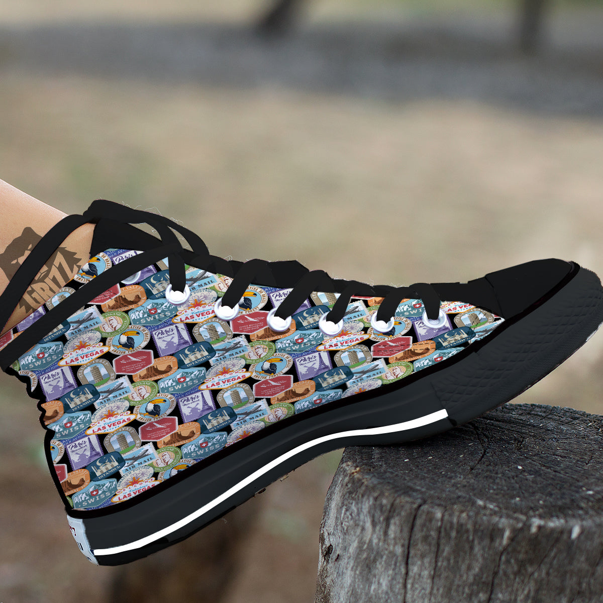 Travel Destinations Print Pattern Black High Top Shoes-grizzshop