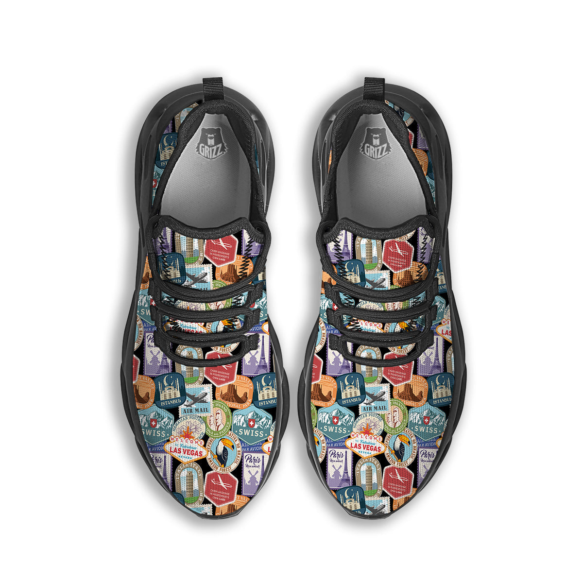 Travel Destinations Print Pattern Black Running Shoes-grizzshop