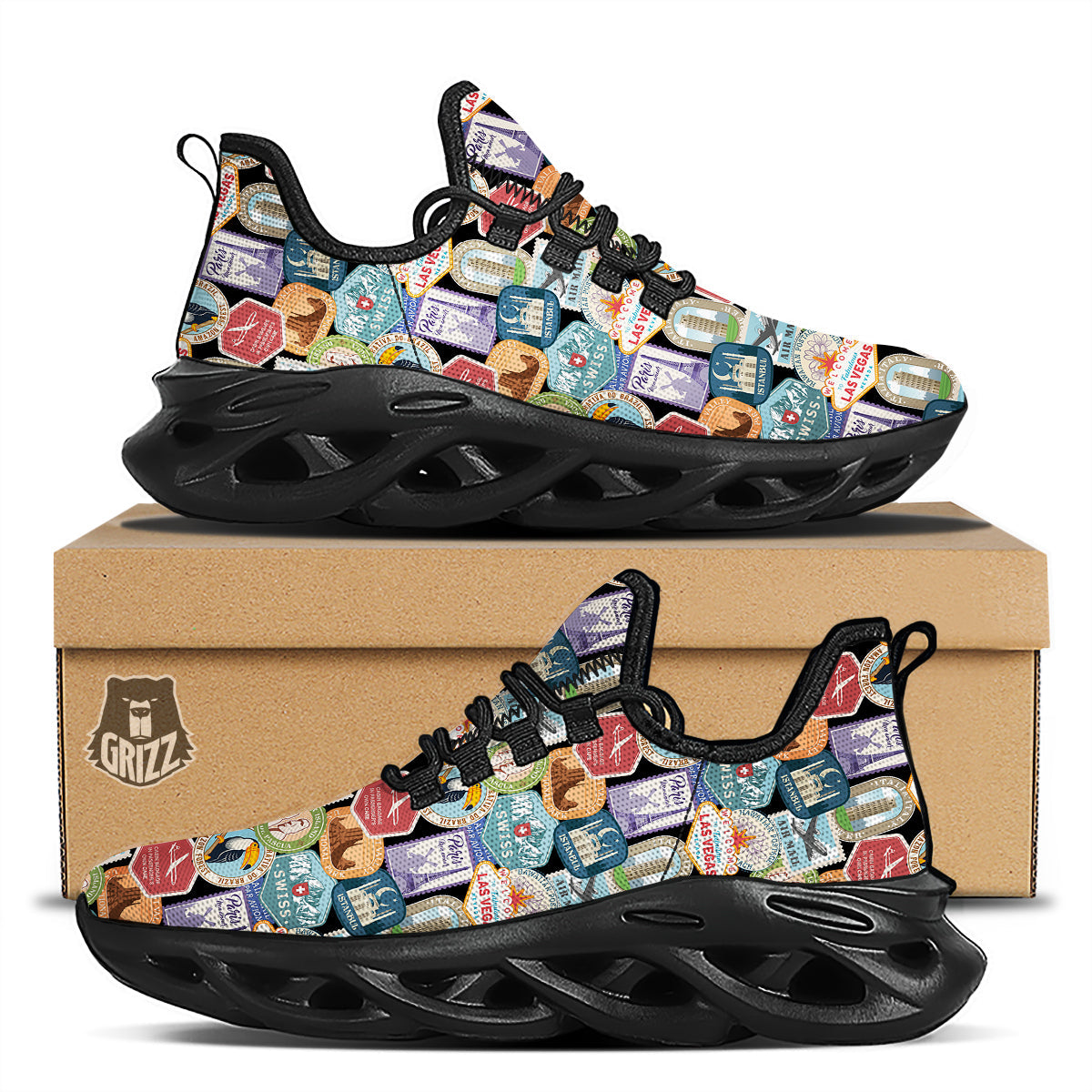Travel Destinations Print Pattern Black Running Shoes-grizzshop