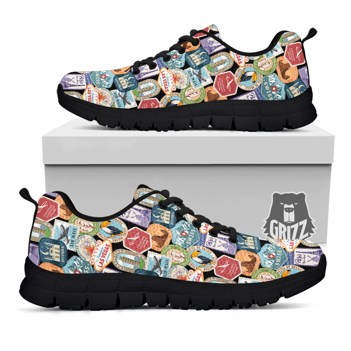 Travel Destinations Print Pattern Black Sneaker-grizzshop