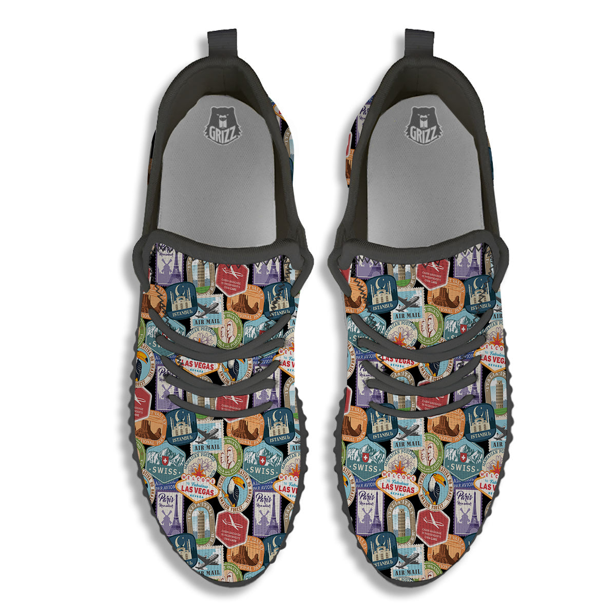 Travel Destinations Print Pattern Black Walking Shoes-grizzshop