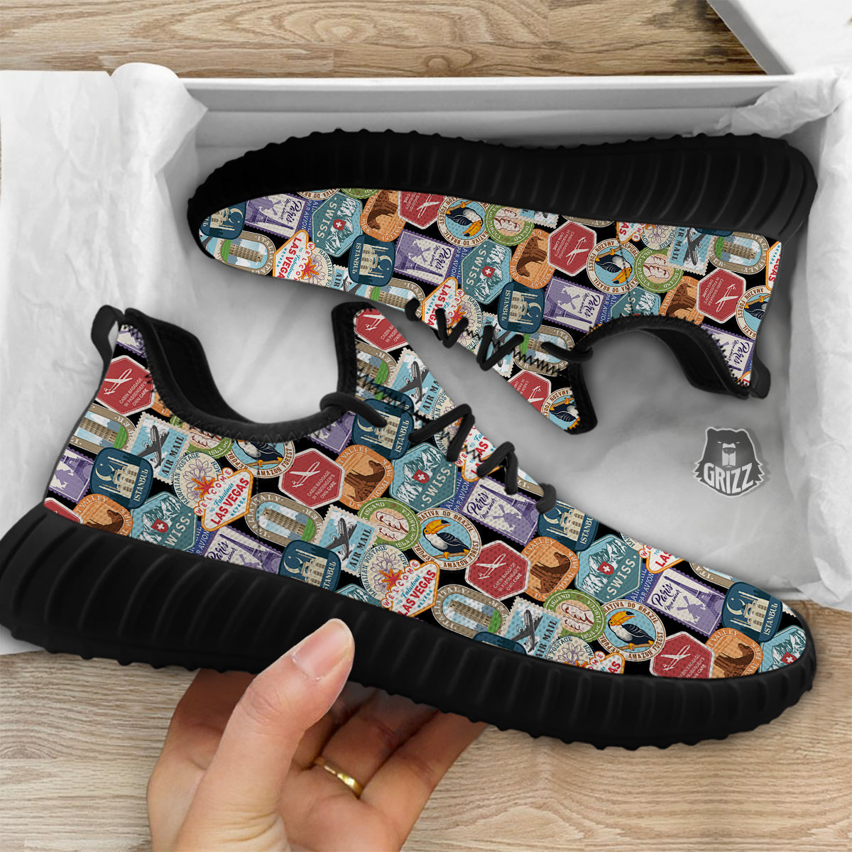 Travel Destinations Print Pattern Black Walking Shoes-grizzshop