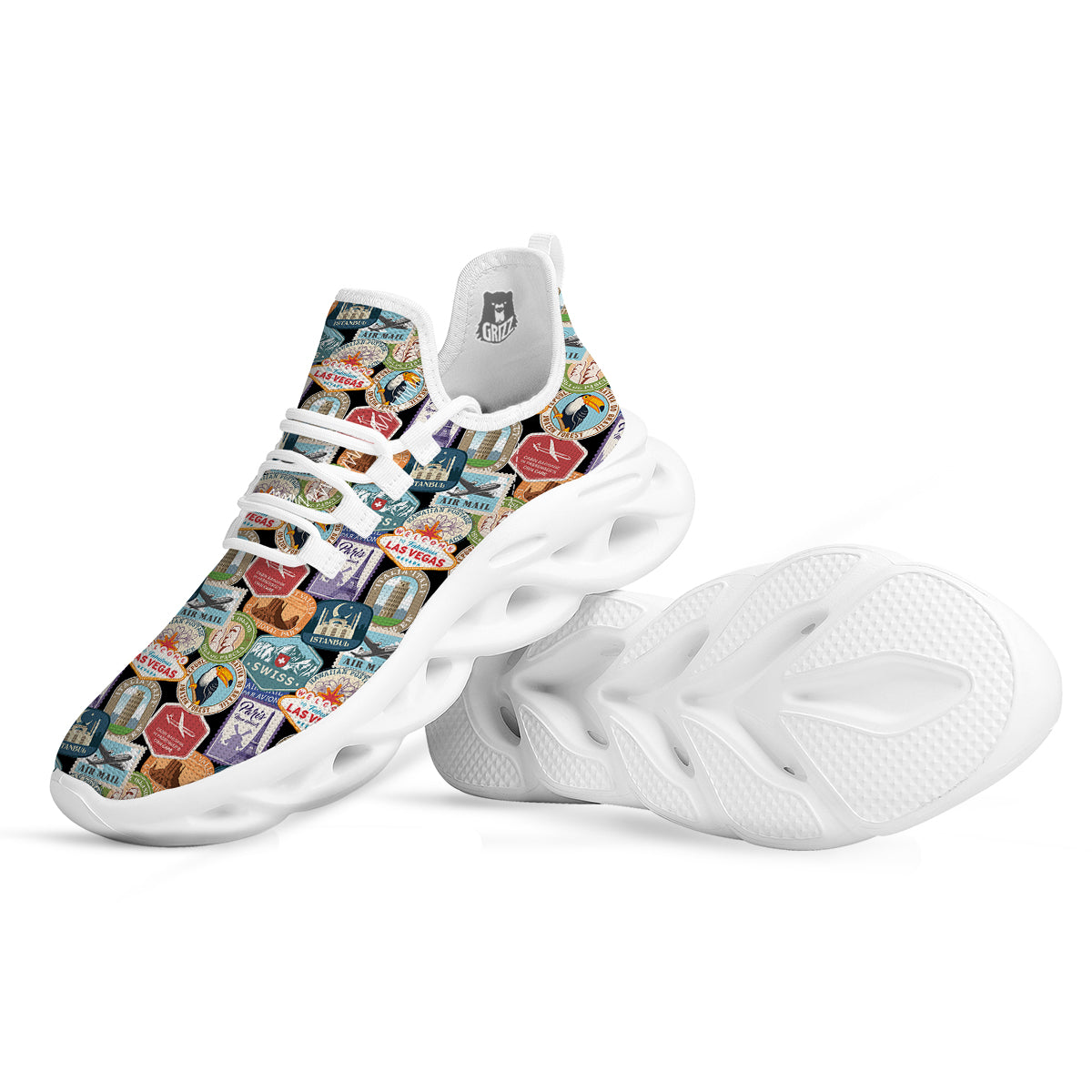 Travel Destinations Print Pattern White Running Shoes-grizzshop