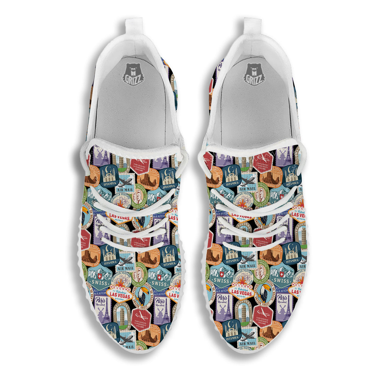 Travel Destinations Print Pattern White Walking Shoes-grizzshop