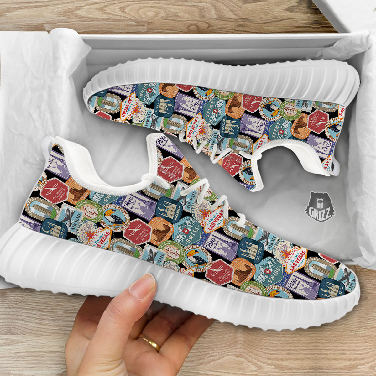 Travel Destinations Print Pattern White Walking Shoes-grizzshop