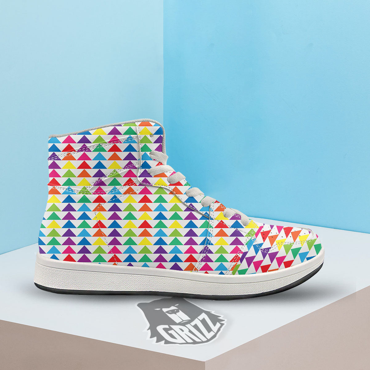Triangles Rainbow Print Pattern High Top Sneakers-grizzshop