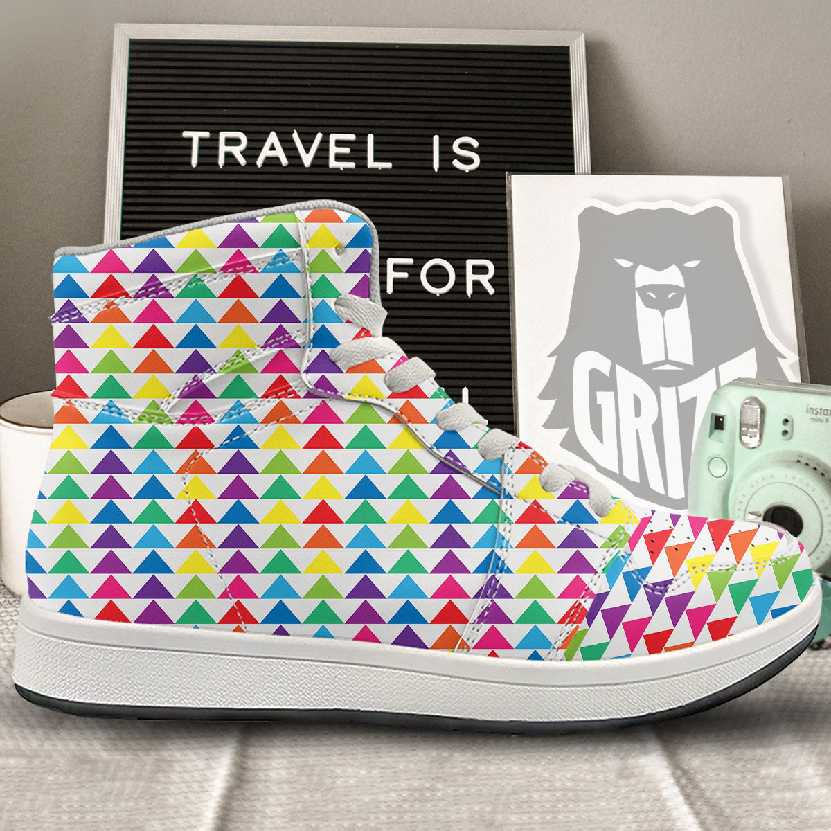 Triangles Rainbow Print Pattern High Top Sneakers-grizzshop