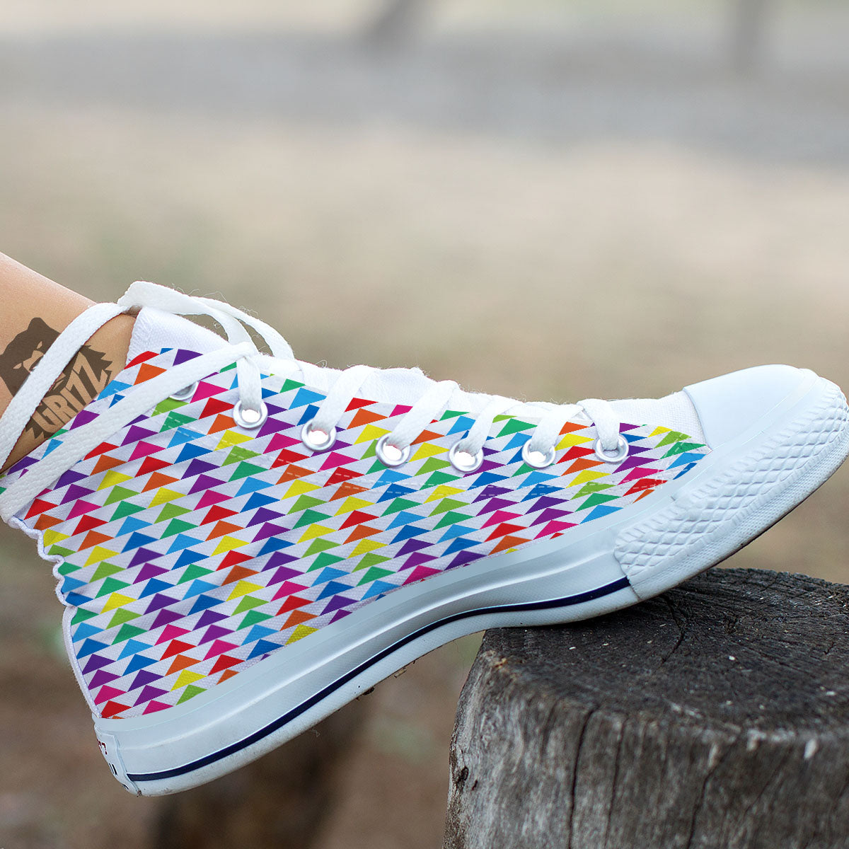 Triangles Rainbow Print Pattern White High Top Shoes-grizzshop