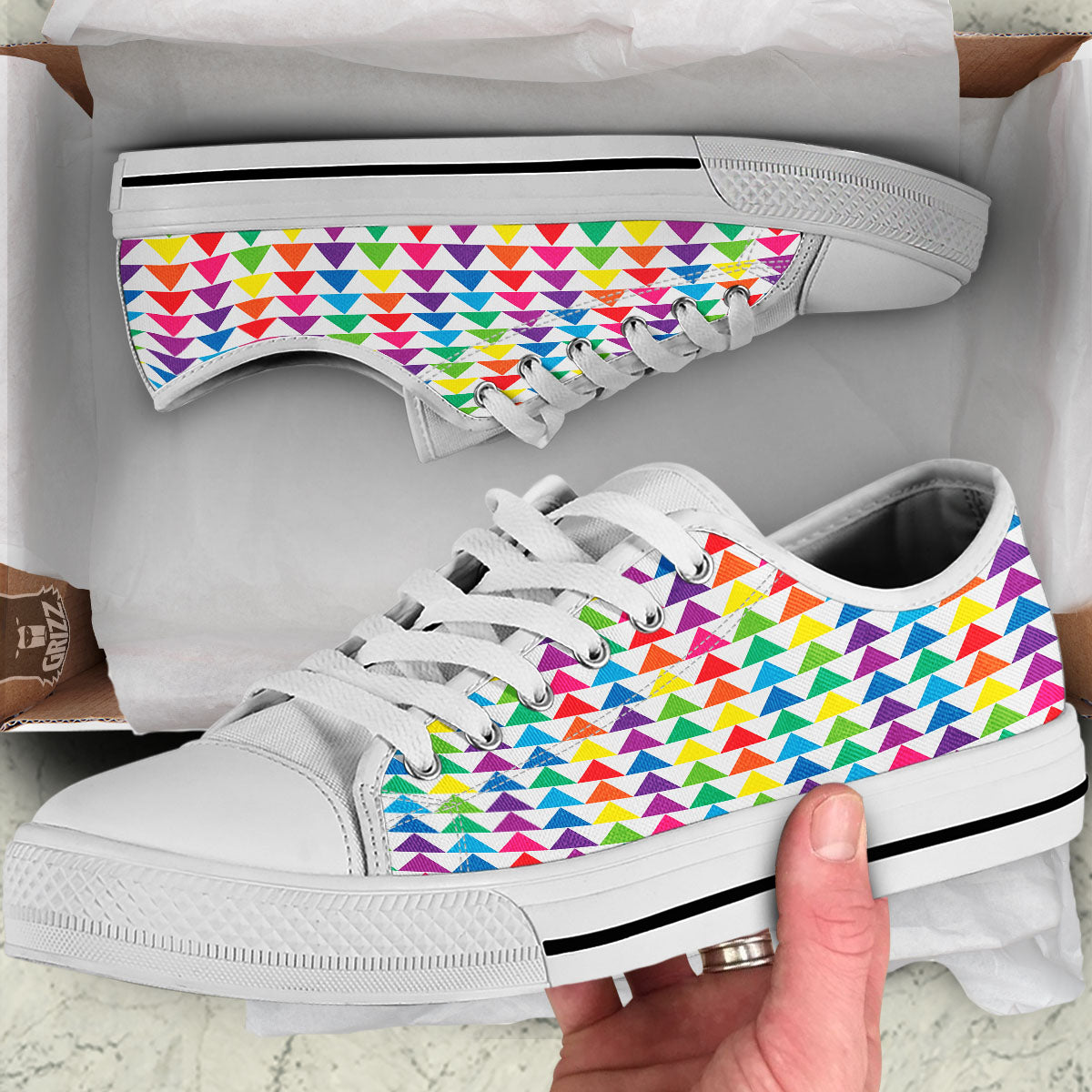 Triangles Rainbow Print Pattern White Low Top Shoes-grizzshop